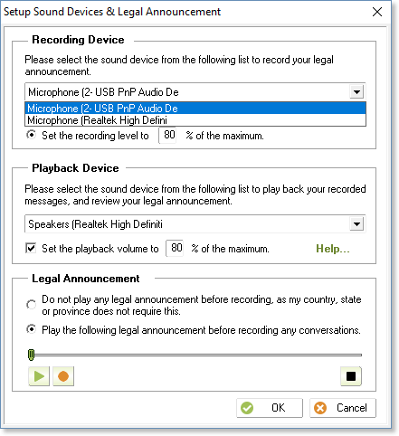 select recording or playback devices for legal announcement.